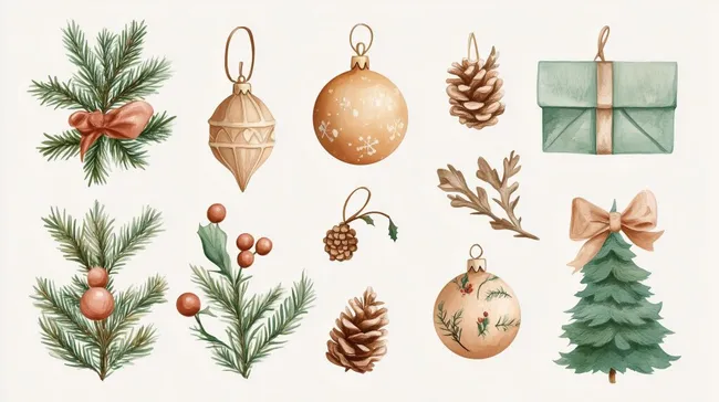 Natürliche Weihnachtsdekorationen in Aquarell-Optik