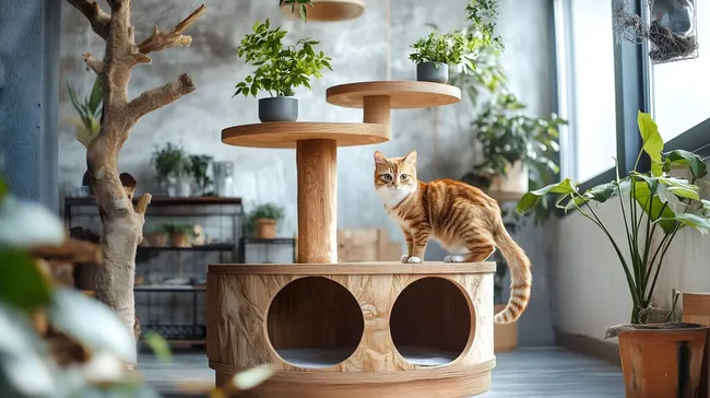 Natürlicher Katzen-Kratzbaum mit Pflanzen und Holzdetails