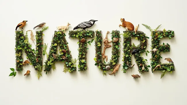 Natürlicher Schriftzug aus Pflanzen und Tieren