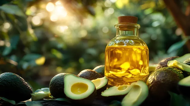 Natürliches Avocadoöl in Glasflasche mit frischen Avocados