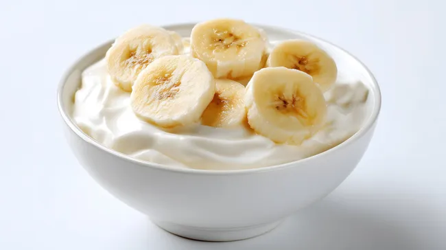 Natürliches Bananen-Joghurt-Dessert in weißer Schüssel