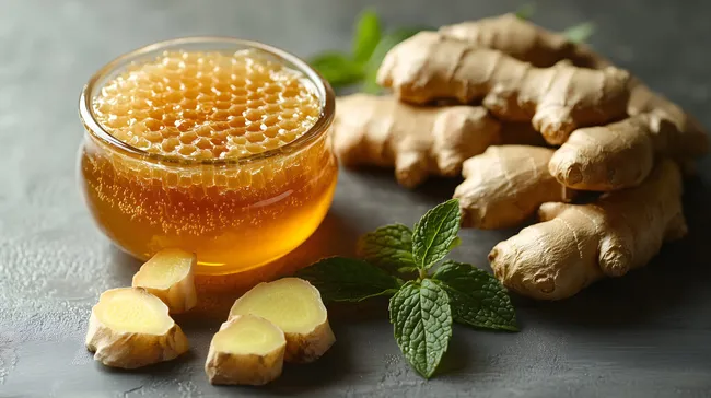 Natürliches Honig-Ingwer-Arrangement mit Minze
