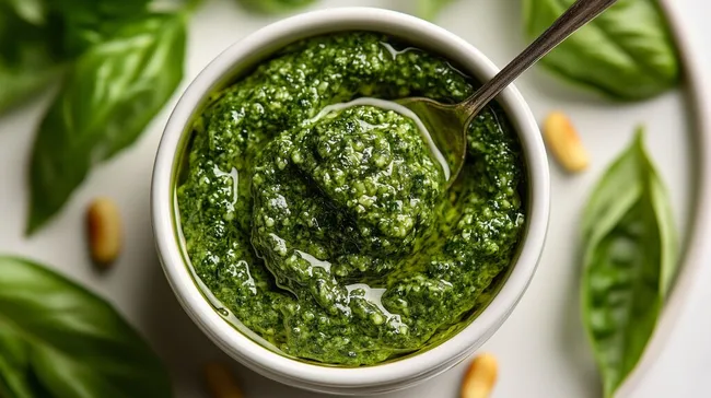 Natürliches Kräuterpesto in Keramikschale