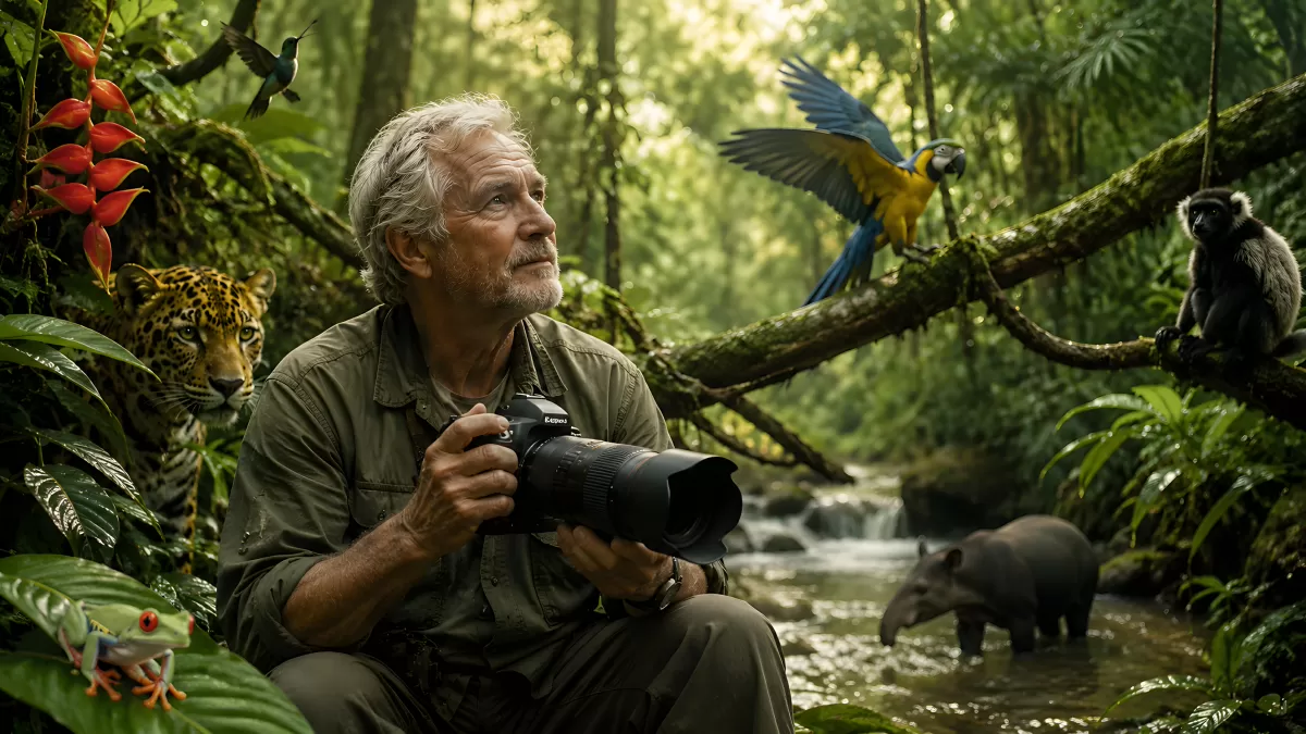 Naturfotograf im Regenwald mit exotischen Tieren