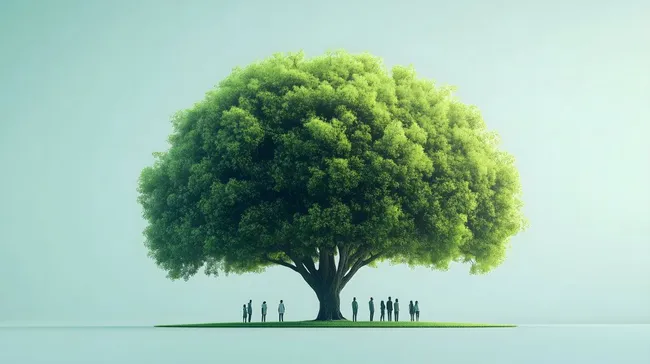 Naturidylle mit großem Baum und Menschen im Schatten