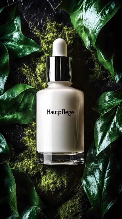 Naturkosmetik-Serum vor üppigem Blattwerk