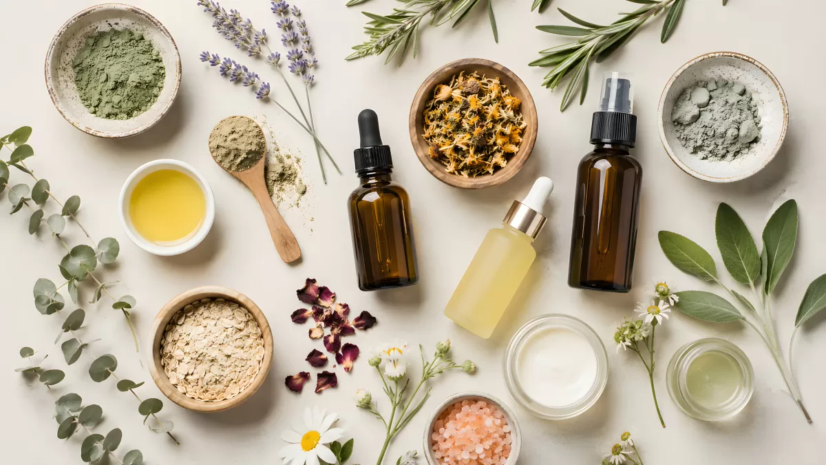 Naturkosmetik Zutaten mit Kräutern und ätherischen Ölen