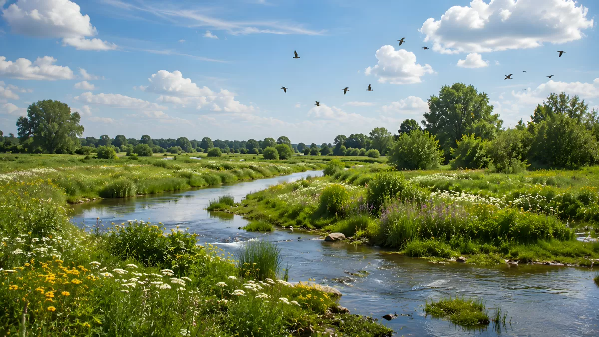 Naturlandschaft mit Bach, Wildblumen und Vögeln