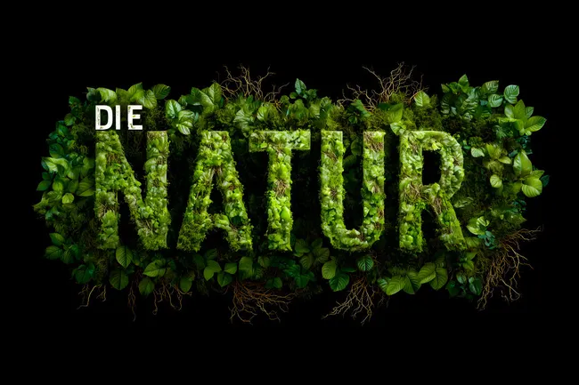 Naturmotiv mit Schriftzug aus Blättern und Moos