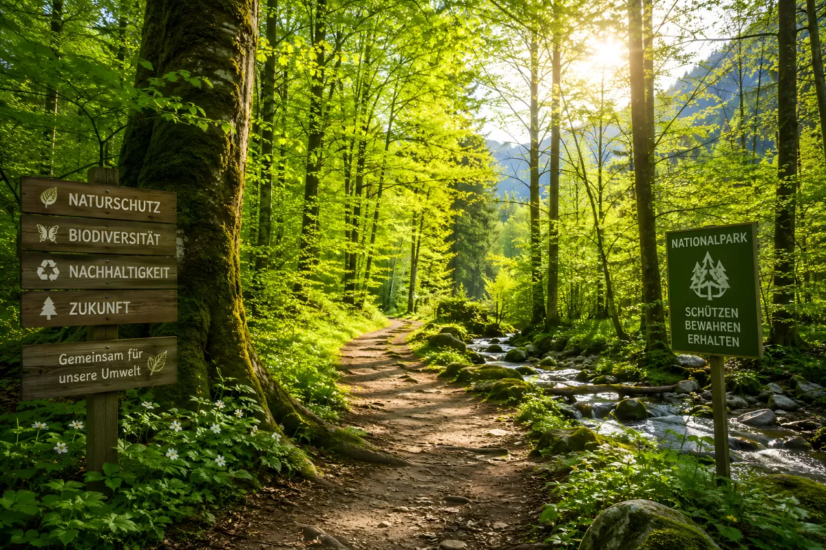 Naturpfad im Wald mit Nationalpark-Hinweisschildern