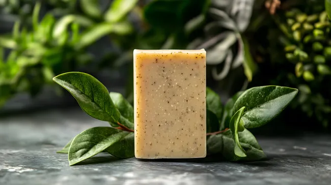 Naturseife mit Kräutern und grünen Blättern auf rustikalem Untergrund