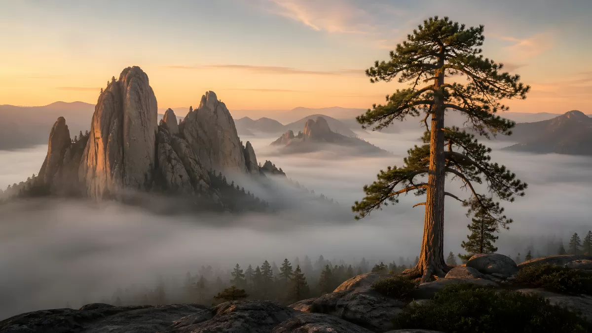 Nebellandschaft mit Felsgipfeln bei Sonnenaufgang