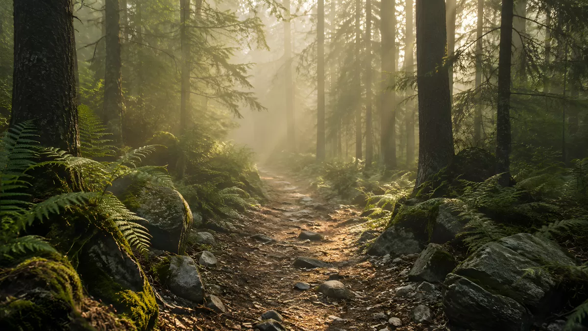 Nebelstimmung auf Waldweg mit Sonnenstrahlen