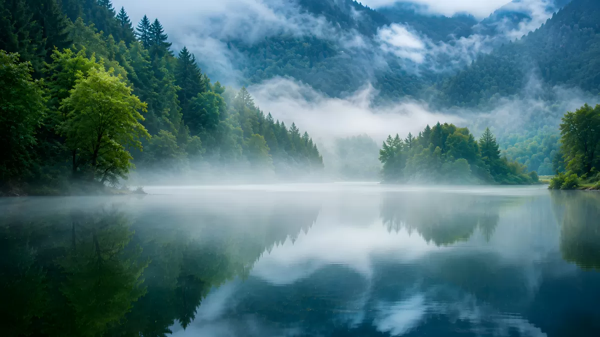 Nebelstimmung über einem Bergsee im Sommerwald