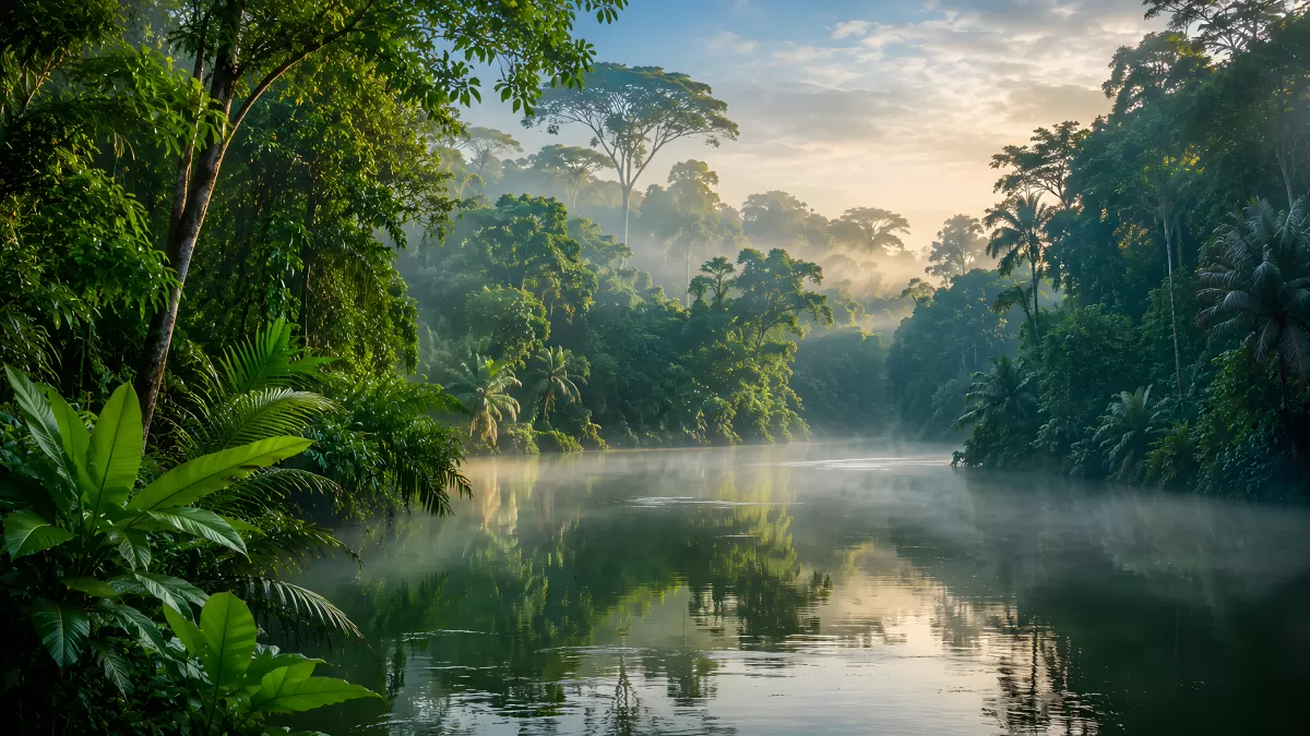 Nebelstimmung über einem Fluss im Regenwald