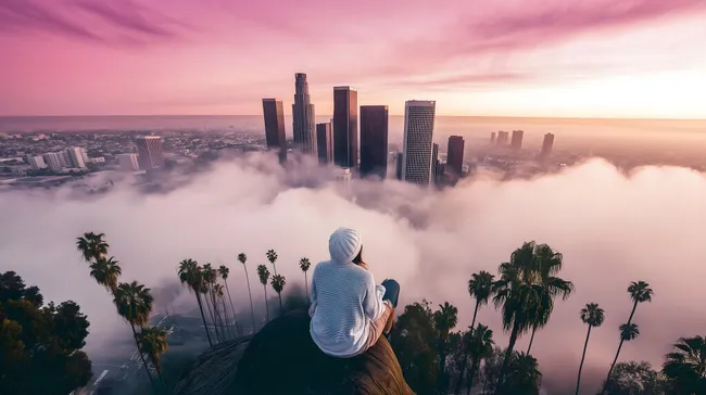 Nebelumhüllte Skyline von Los Angeles bei Sonnenaufgang