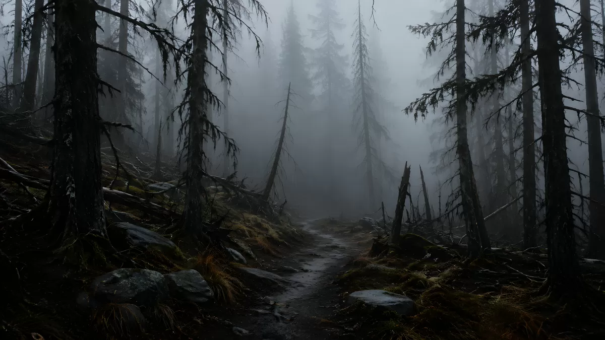 Nebelwald mit schmalen Pfad zwischen dunklen Fichten