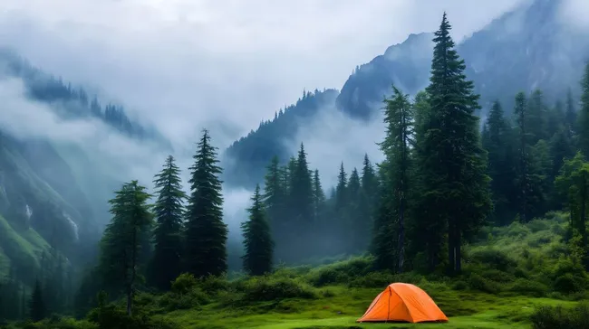 Neblige Berglandschaft mit orangenem Zelt
