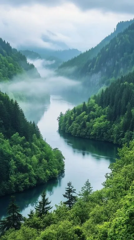 Neblige Flusslandschaft in dichtem Bergwald