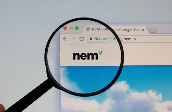 NEM logo on a computer screen with a magnifying glass
