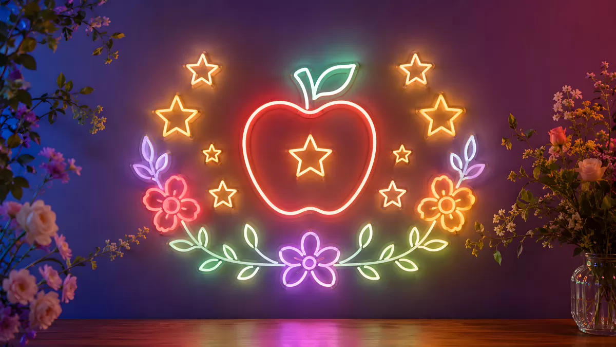 Neon-Apfel mit Blumen und Sternen an lila Wand