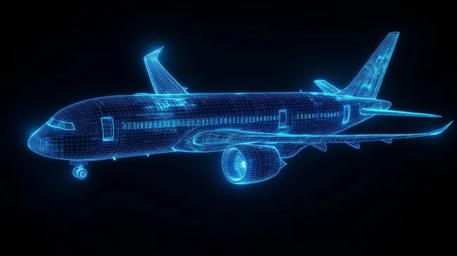 Neon-Drahtmodell eines Flugzeugs vor dunklem Hintergrund