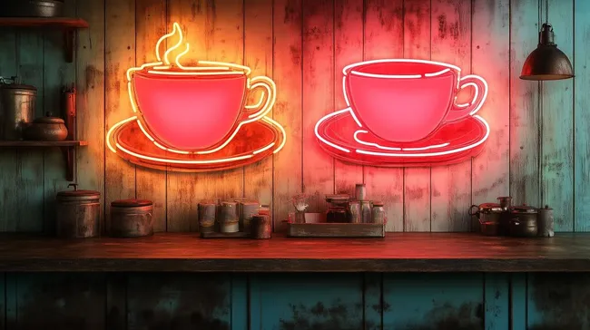 Neon-Kaffeetassen in rustikalem Café-Ambiente
