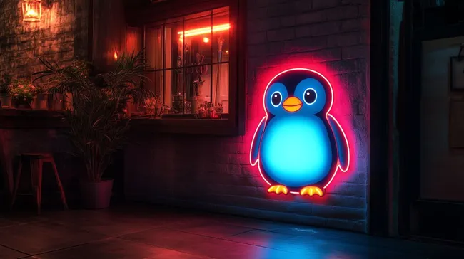 Neon-Pinguin leuchtet in städtischer Umgebung