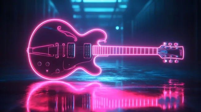 Neon-Rockgitarre auf beleuchteter Bühne