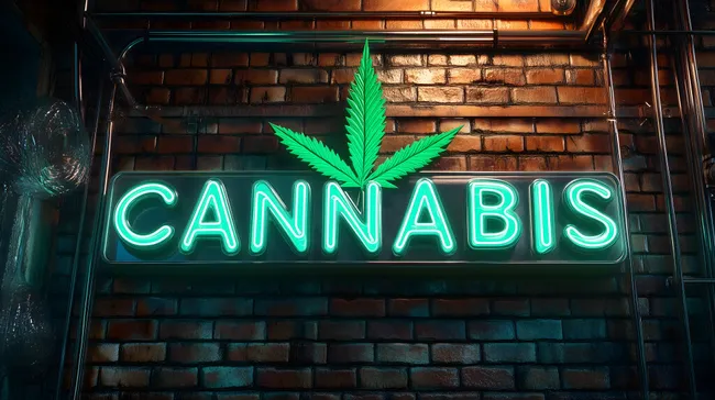 Neon-Schild mit Cannabis-Blatt an Backsteinwand