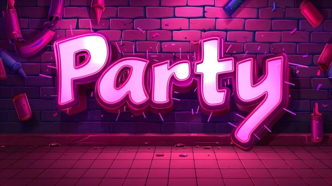 Neon-Schrift 'Party' an Backsteinwand