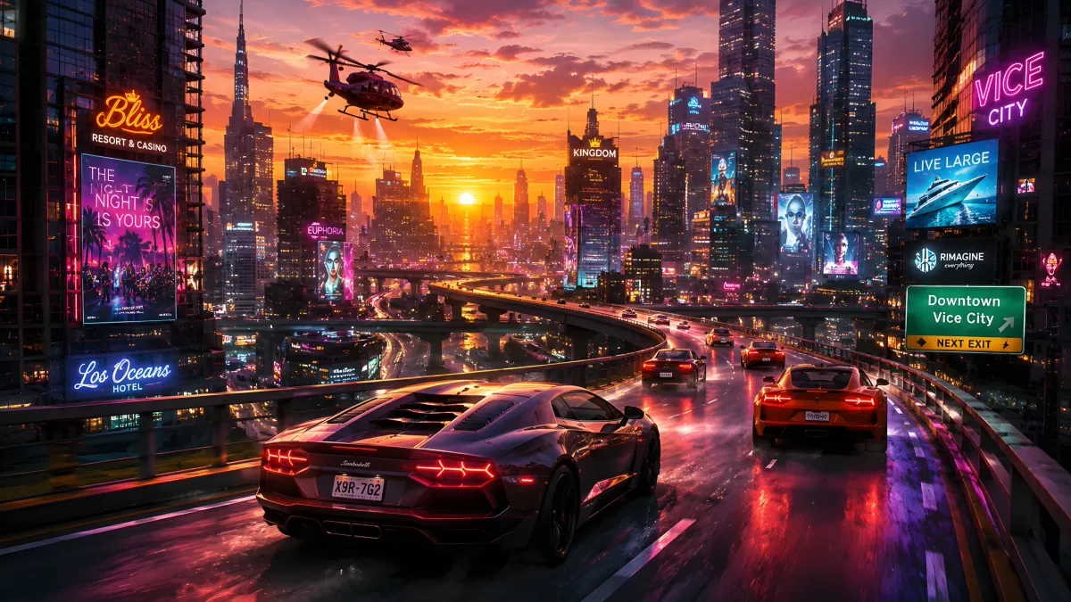 Neon-Skyline wie in GTA 6 bei Sonnenuntergang
