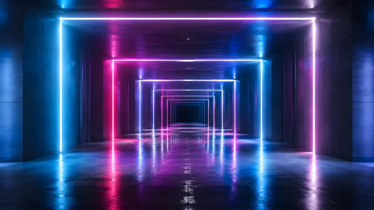 Neon-Tunnel mit blauem und rosafarbenem Licht