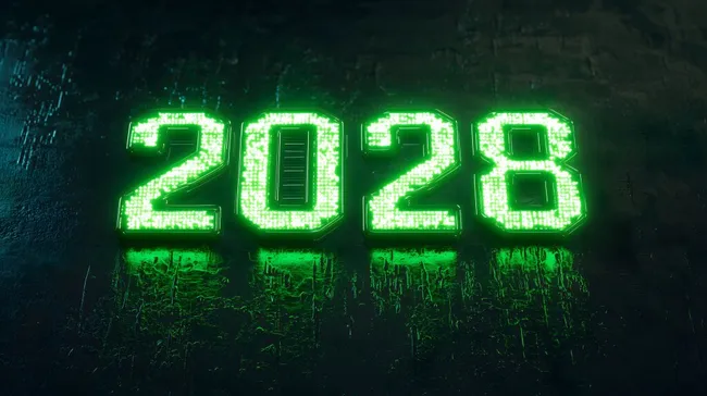 Neon-Zahlen 2028 auf dunklem Hintergrund