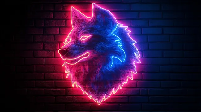 Neonbeleuchteter Wolfskopf auf Backsteinwand