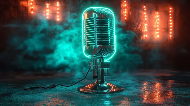 Neonbeleuchtetes Retro-Mikrofon in nebliger Atmosphäre