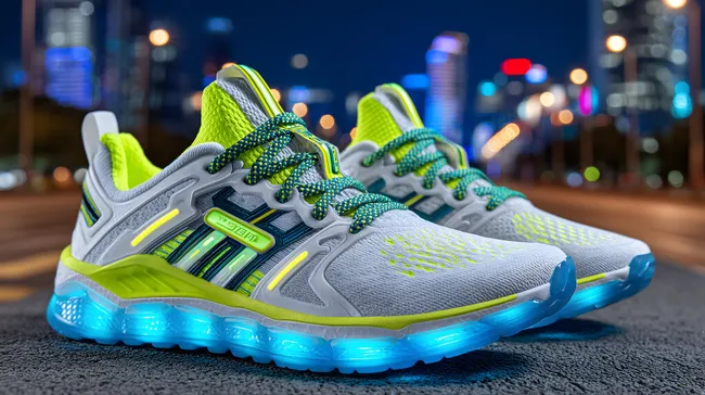 Neongrüne LED-Sportschuhe auf Großstadtstraße
