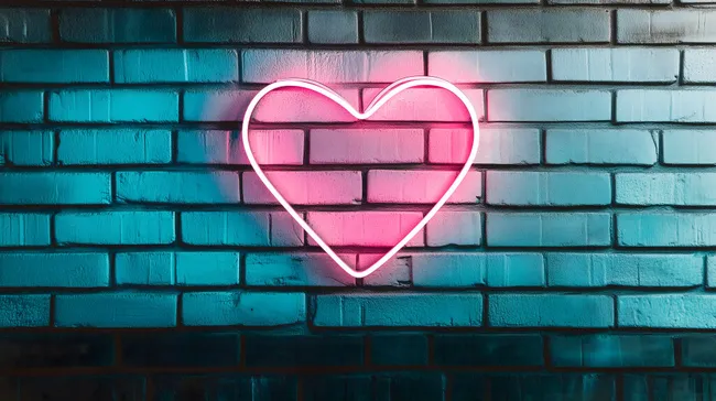 Neonherz an grüner Backsteinwand