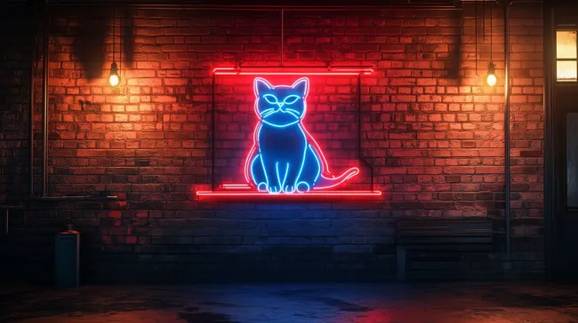 Neonkatze in industrieller Backsteinumgebung