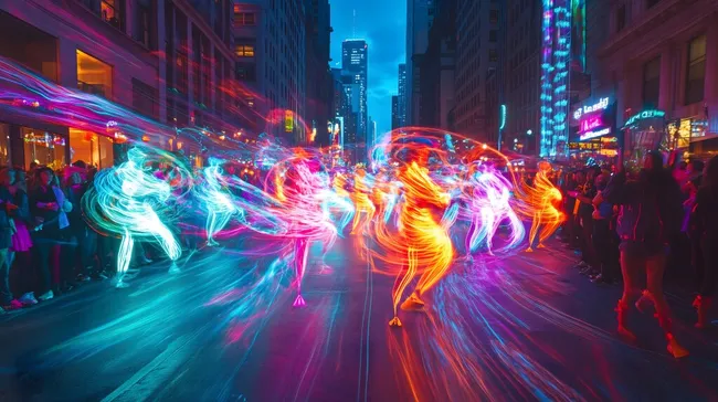 Neonleuchtende Tänzer bei nächtlicher Parade in der Stadt