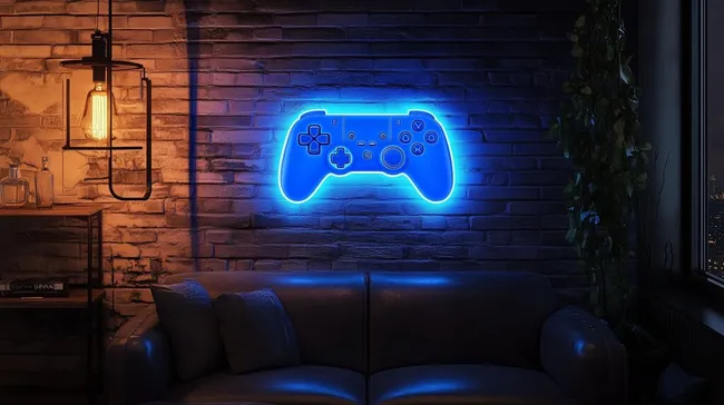 Neonleuchtender Gaming-Controller an Ziegelwand