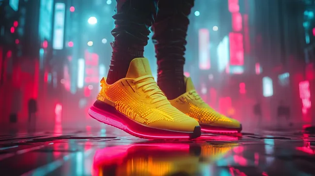Neonleuchtender Sneaker in futuristischer Stadtlandschaft