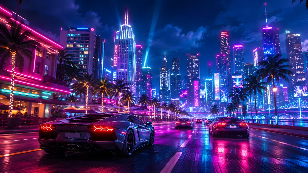 Neonlicht-Skyline mit Sportwagen bei Nacht