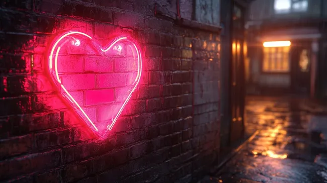 Neonpinkes Herz an regennasser Backsteinwand