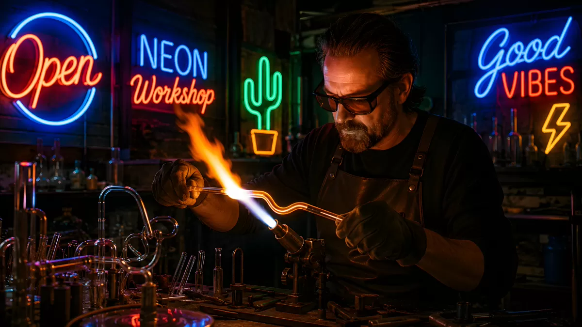 Neonröhren-Handwerker beim Biegen von Glasröhren
