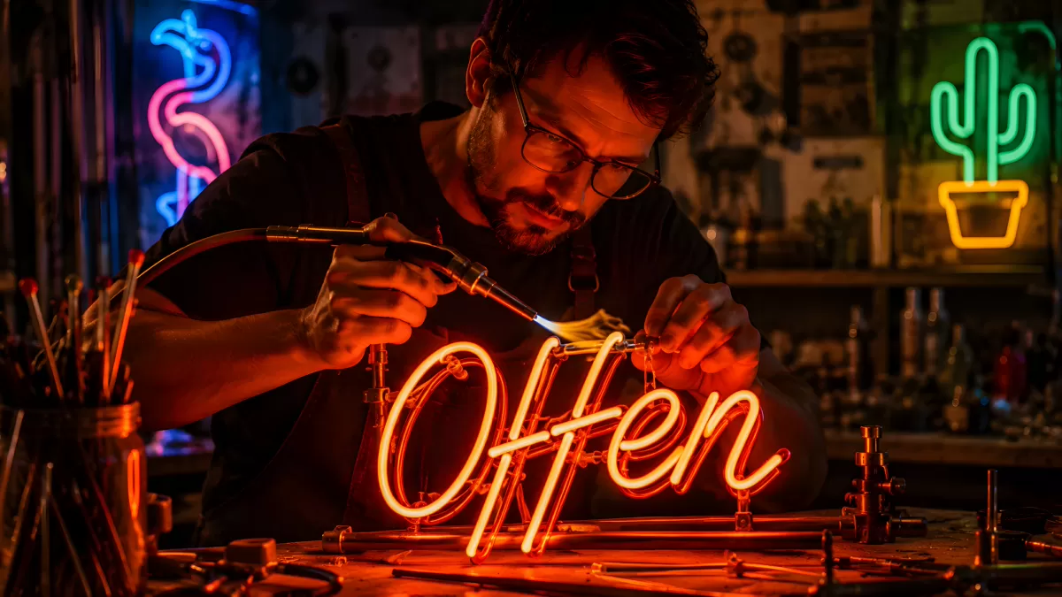 Neonschild-Handwerker beim Biegen von Leuchtröhren