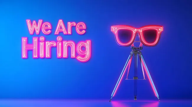 Neonwerbung 'Wir stellen ein' auf blauem Hintergrund