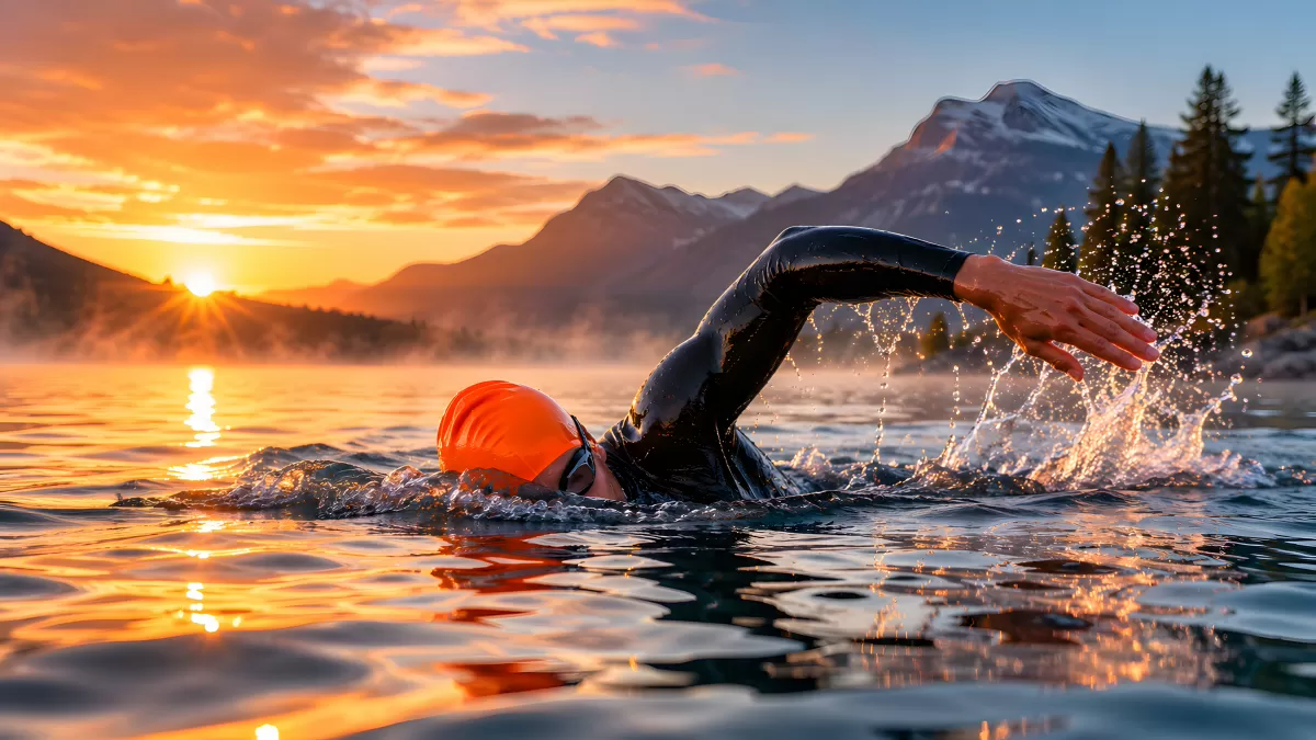 Neoprenanzug-Schwimmer im Freiwasser bei Sonnenaufgang