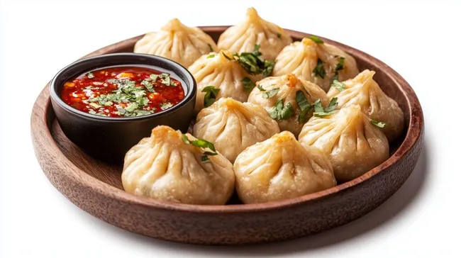 Nepalische Teigtaschen Momos mit würziger Dip-Sauce