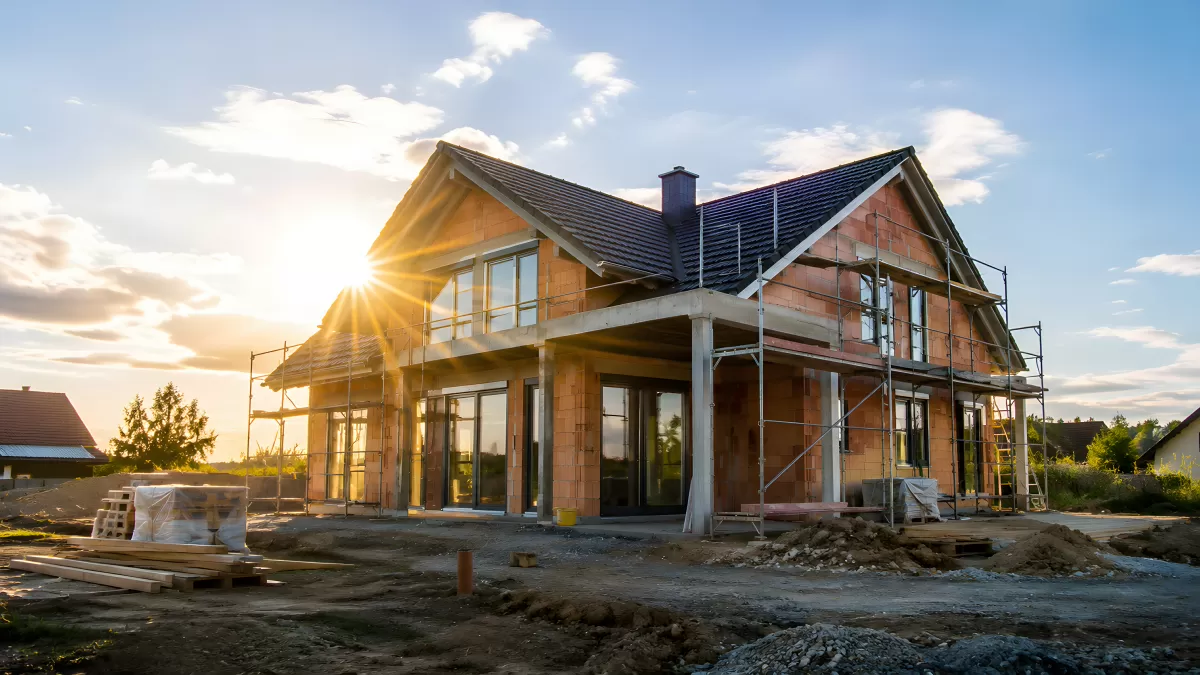 Neubau Einfamilienhaus im Rohbau bei Sonnenuntergang